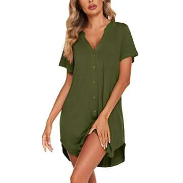 Ekouaer Women Sleepshirt Button Sleep Gown Short Sleeve Loose Postpartum Dress Army Green