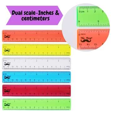 Mr. Pen-, 6 inch, 6 Pack, Assorted Colors. Clear, Rulers for School, with Inches and Centimeters for Kids, Plastic, Small