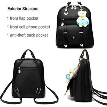 BAG WIZARD OASD Women's Backpack Leather Multi Way Girls School Cartoon Pendant, Black