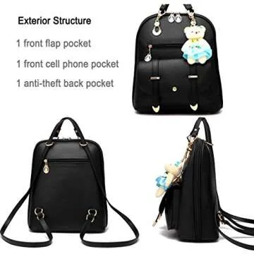 BAG WIZARD OASD Women's Backpack Leather Multi Way Girls School Cartoon Pendant, Black