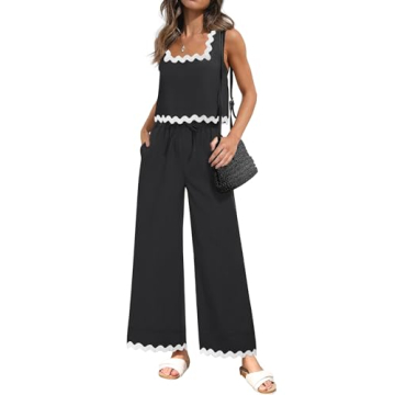 ZESICA Summer 2 Piece Sets for Women Casual Tank Top and Wide Leg Pants Matching Lounge Pajama Sets ...