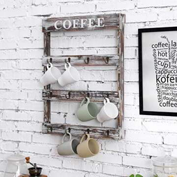 MyGift 12-Hook Rustic Torched Wood Wall Mounted Coffee Mug Rack, Teacup Cafe Mugs Display Hooks