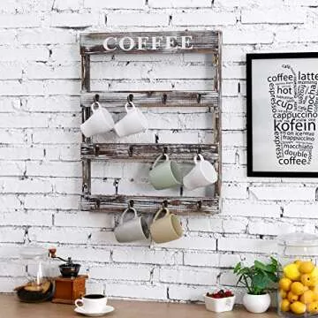 MyGift 12-Hook Rustic Torched Wood Wall Mounted Coffee Mug Rack, Teacup Cafe Mugs Display Hooks