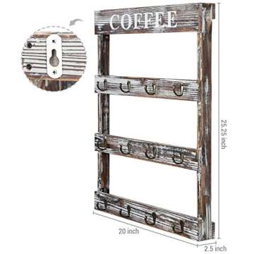 MyGift 12-Hook Rustic Torched Wood Wall Mounted Coffee Mug Rack, Teacup Cafe Mugs Display Hooks