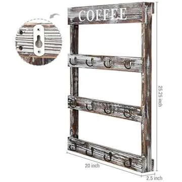 MyGift 12-Hook Rustic Torched Wood Wall Mounted Coffee Mug Rack, Teacup Cafe Mugs Display Hooks