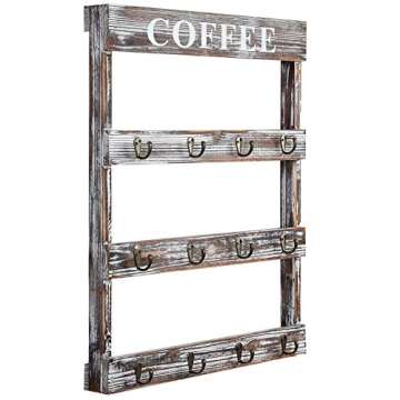 MyGift 12-Hook Rustic Torched Wood Wall Mounted Coffee Mug Rack, Teacup Cafe Mugs Display Hooks