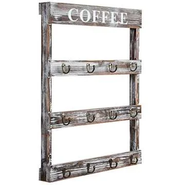 MyGift 12-Hook Rustic Torched Wood Wall Mounted Coffee Mug Rack, Teacup Cafe Mugs Display Hooks