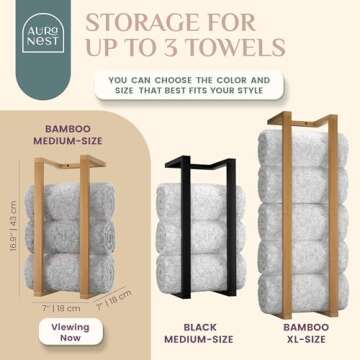 Aura Nest Bamboo Towel Racks - Vertical Wood Towel Rack Bamboo Bathroom Accessories, Storage, Wall Towel Rack for Rolled Towels for Bathroom Furniture, Spa Furniture and Decor (Natural, Medium)