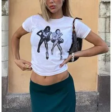 HOHOPEACH Baby Tees Y2k Shirt 90s Outfit Woman 2000s Fashion Graphic Tees Y2k Cute Shirts Vintage Clothes (White08,S,Small)