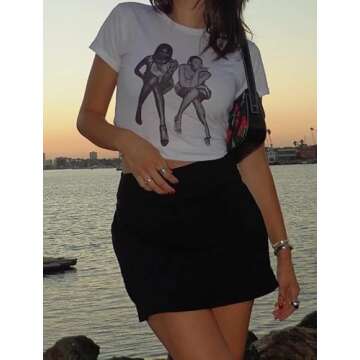 HOHOPEACH Baby Tees Y2k Shirt 90s Outfit Woman 2000s Fashion Graphic Tees Y2k Cute Shirts Vintage Clothes (White08,S,Small)