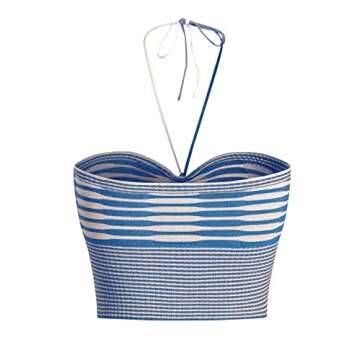 SweatyRocks Women's Striped Tie Backless Halter Top Sleeveless Knitted Crop Cami Tank Blue White L