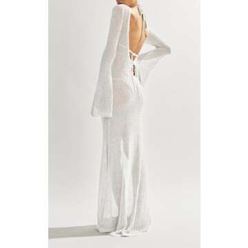 Saodimallsu Womens Crochet Cover Ups Long Sleeve Sexy Mesh Backless Knit Swimsuit Coverup Beach Maxi Dress White
