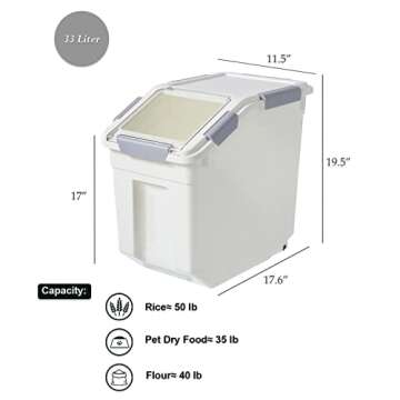 HANAMYA 33 Liter / 50 lbs Rice Storage Container with Measuring Cup, BPA free, For Rice | Grain | Pet Food | Flour, 1 count, White