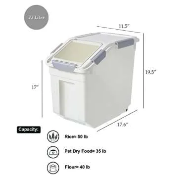 HANAMYA 33 Liter / 50 lbs Rice Storage Container with Measuring Cup, BPA free, For Rice | Grain | Pet Food | Flour, 1 count, White