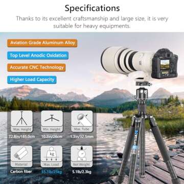 Professional Heavy Duty Carbon Fiber Tripod, ARTCISE 72.6'' Camera Tripod Monopod, 10-Layer Carbon F...