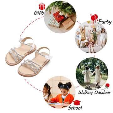 PHIRAMIN Girls Silver Sandals - Toddler Girl Dress Shoes Size 11 for Summer Party Wedding School Flats