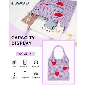 LIVACASA Crochet Tote Bag for Women, Fairycore Mesh Beach Tote Bag Aesthetic Cute Shoulder Bag Hobo Bag for Summer and Vacation Purple red heart