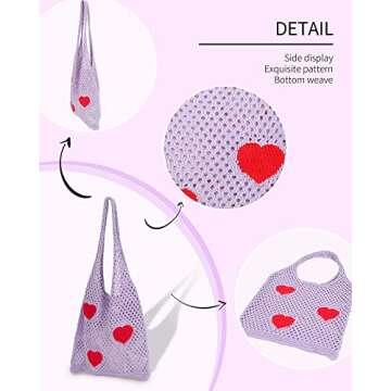 LIVACASA Crochet Tote Bag for Women, Fairycore Mesh Beach Tote Bag Aesthetic Cute Shoulder Bag Hobo Bag for Summer and Vacation Purple red heart