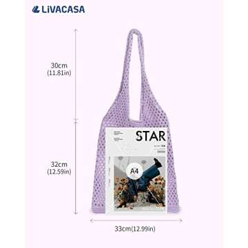 LIVACASA Crochet Tote Bag for Women, Fairycore Mesh Beach Tote Bag Aesthetic Cute Shoulder Bag Hobo Bag for Summer and Vacation Purple red heart