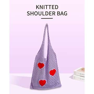 LIVACASA Crochet Tote Bag for Women, Fairycore Mesh Beach Tote Bag Aesthetic Cute Shoulder Bag Hobo Bag for Summer and Vacation Purple red heart
