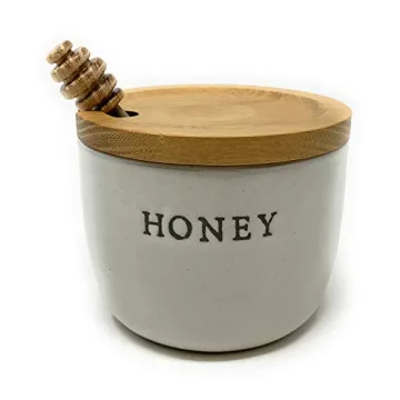 Farmhouse Stoneware Honey Pot with Wooden Lid & Dipper