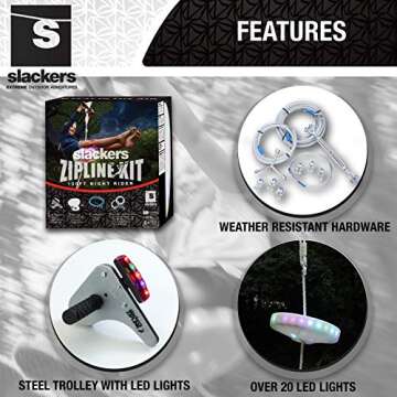 Slackers 100 ft LED Night Riderz Series Zipline - Kids Zip line Kit with Safety Zipspring Brake Syst...