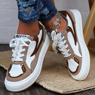 AOIROE Casual Shoes For Women Platform Walking Shoes Colorblock Lace up Front Skate Shoes Womens Casual Dress (Khaki, 7.5)