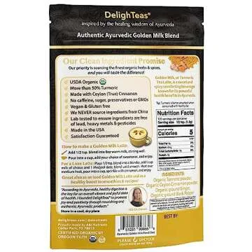 DelighTeas Organic Golden Milk Powder with Turmeric, Ginger, Ceylon Cinnamon | Ayurvedic Spices for Golden Turmeric Latte | Unsweetened, Vegan, Non-GMO, Keto | 120 Servings, 5 oz.