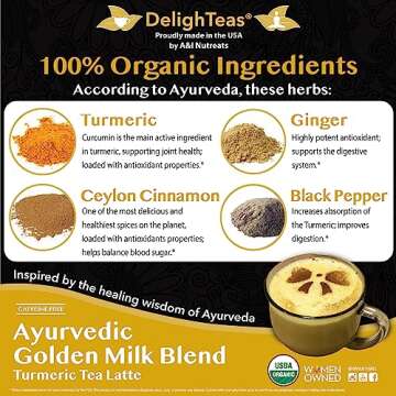 DelighTeas Organic Golden Milk Powder with Turmeric, Ginger, Ceylon Cinnamon | Ayurvedic Spices for Golden Turmeric Latte | Unsweetened, Vegan, Non-GMO, Keto | 120 Servings, 5 oz.
