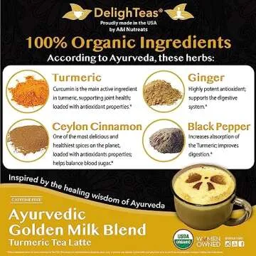 DelighTeas Organic Golden Milk Powder with Turmeric, Ginger, Ceylon Cinnamon | Ayurvedic Spices for Golden Turmeric Latte | Unsweetened, Vegan, Non-GMO, Keto | 120 Servings, 5 oz.
