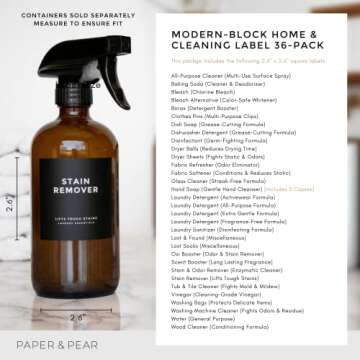 Modern-Block Black Bathroom Labels, Laundry Labels & Cleaning Labels by Paper & Pear - Waterproof Labels for Bottles - 2.6” Square Bathroom Labels for Organizing with Soap Labels - Set of 36