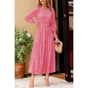 PRETTYGARDEN Women's Floral Maxi Dress 2025 Spring Long Sleeve V Neck Casual A Line Long Flowy Boho Party Dresses (Plaid Pink,Large)