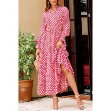 PRETTYGARDEN Women's Floral Maxi Dress 2025 Spring Long Sleeve V Neck Casual A Line Long Flowy Boho Party Dresses (Plaid Pink,Large)