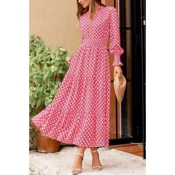 PRETTYGARDEN Women's Floral Maxi Dress 2025 Spring Long Sleeve V Neck Casual A Line Long Flowy Boho Party Dresses (Plaid Pink,Large)