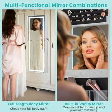 CHARMAID LED Mirror Jewelry Cabinet, 47.2'' Jewelry Armoire with Adjustable Lighted Full Length Mirror, Wall Mounted or Door Hanging, Lockable Jewelry Organizer Storage (Grayish White, 47.2''H)