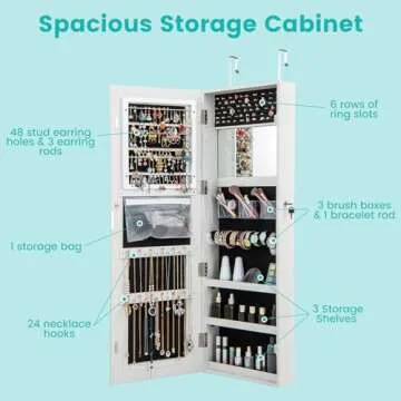 CHARMAID LED Mirror Jewelry Cabinet, 47.2'' Jewelry Armoire with Adjustable Lighted Full Length Mirror, Wall Mounted or Door Hanging, Lockable Jewelry Organizer Storage (Grayish White, 47.2''H)