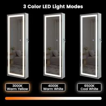 CHARMAID LED Mirror Jewelry Cabinet, 47.2'' Jewelry Armoire with Adjustable Lighted Full Length Mirror, Wall Mounted or Door Hanging, Lockable Jewelry Organizer Storage (Grayish White, 47.2''H)