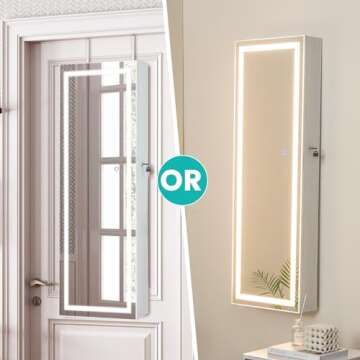 CHARMAID LED Mirror Jewelry Cabinet, 47.2'' Jewelry Armoire with Adjustable Lighted Full Length Mirror, Wall Mounted or Door Hanging, Lockable Jewelry Organizer Storage (Grayish White, 47.2''H)