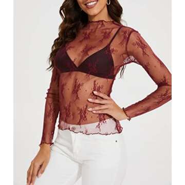 AILBBE Mesh Long Sleeve Layering Top for Women Mock Neck Floral Embroidery Sheer See Through Tee Shi...