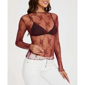 AILBBE Mesh Long Sleeve Layering Top for Women Mock Neck Floral Embroidery Sheer See Through Tee Shirt Blouse (as1, Alpha, s, Regular, Regular, Purplish Red)
