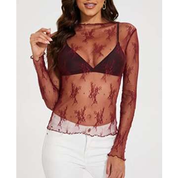 AILBBE Mesh Long Sleeve Layering Top for Women Mock Neck Floral Embroidery Sheer See Through Tee Shirt Blouse (as1, Alpha, s, Regular, Regular, Purplish Red)