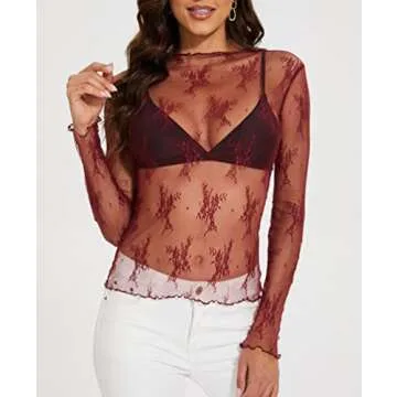 AILBBE Mesh Long Sleeve Layering Top for Women Mock Neck Floral Embroidery Sheer See Through Tee Shirt Blouse (as1, Alpha, s, Regular, Regular, Purplish Red)