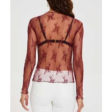 AILBBE Mesh Long Sleeve Layering Top for Women Mock Neck Floral Embroidery Sheer See Through Tee Shirt Blouse (as1, Alpha, s, Regular, Regular, Purplish Red)