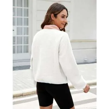 AMEBELLE Women’s Lightweight Fleece Pullover Jacket Cropped Fall Winter Fuzzy Sherpa Jacket Sweatshirt Coat with Pockets(2616-White-L)
