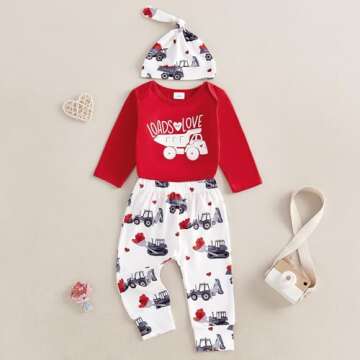 Newborn Baby Boy Valentine‘s Day Outfit Letter Print Long Sleeve Romper Cart Love Heart Pants Hat Set 3Pcs Clothes (Red, 0-3 Months)