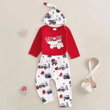 Newborn Baby Boy Valentine‘s Day Outfit Letter Print Long Sleeve Romper Cart Love Heart Pants Hat Set 3Pcs Clothes (Red, 0-3 Months)