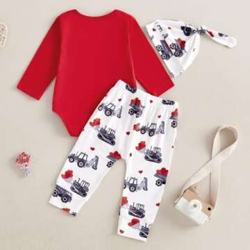 Newborn Baby Boy Valentine‘s Day Outfit Letter Print Long Sleeve Romper Cart Love Heart Pants Hat Set 3Pcs Clothes (Red, 0-3 Months)