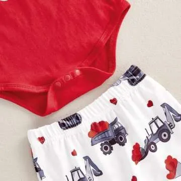 Newborn Baby Boy Valentine‘s Day Outfit Letter Print Long Sleeve Romper Cart Love Heart Pants Hat Set 3Pcs Clothes (Red, 0-3 Months)