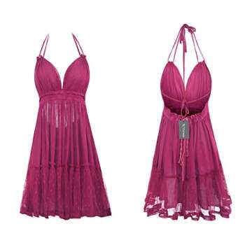 R.Vivimos Womens Summer Halter Deep V Neck Sexy Patchwork Mini Short Dresses (Medium, Fuchsia)