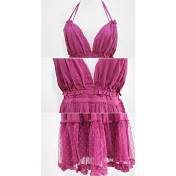 R.Vivimos Womens Summer Halter Deep V Neck Sexy Patchwork Mini Short Dresses (Medium, Fuchsia)